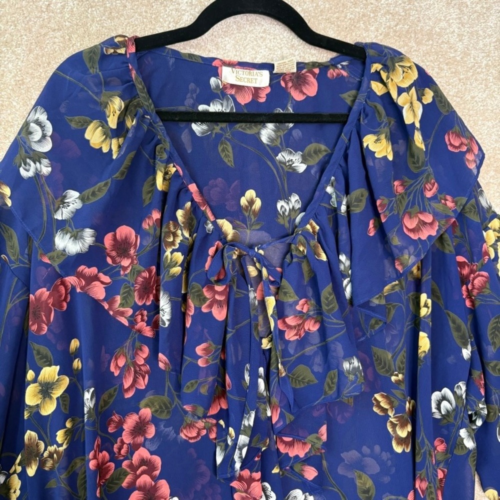 VICTORIA'S SECRET Floral Blouse Women's Large Blue Vintage Gold Label‎ Romantic